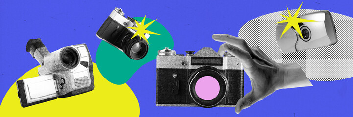 Different photo and video cameras against blue background. Journalism, photography and social...