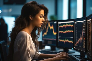 A female financial analyst examining stock ticker displays, Analyzing recession indicators and bear market trends in economic decline. - obrazy, fototapety, plakaty