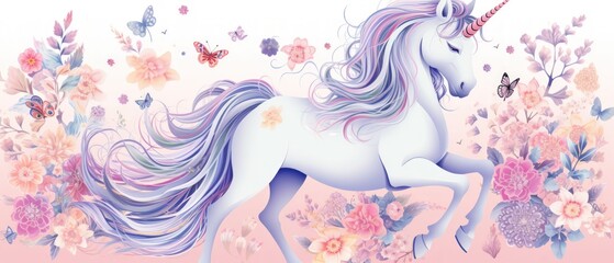 Obraz na płótnie Canvas Hand drawn unicorn cartoon on pastel color background. AI generated
