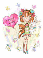 A Valentine's Day card. Cute girl with a balloon in the form of a watercolor heart.