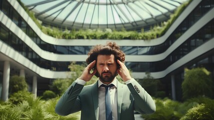 A stressed businessman in a suit is experiencing acute anxiety and frustration, with his hands on his head, looking overwhelmed by work pressure in a corporate office environment.