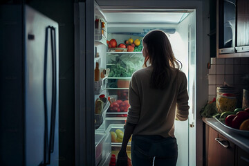 Fototapeta na wymiar View from the back of Beautiful Young Woman Opens Fridge Door, Looks inside Takes out Vegetables. Woman Preparing Healthy Meal Using Groceries full of Healthy illustration. Generative AI