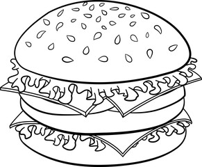 Delicious Burger for Coloring Page. Vector Illustration of Hamburger with Meat, Cheese, Tomatoes and Greens. Fast food