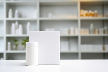 blank white box and bottle on a table in a pharmacy