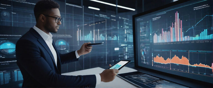 a businessman using a tablet to analyze complex data sets in real-time, with a digital interface overlaid, Showcase the accuracy and speed of AI technology in data analysis by creating an image of 