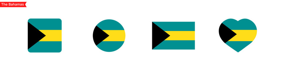 National flag of Bahamas. Bahamas flag icons for language selection. Bahamas flag in the shape of a square, circle, heart. Vector icons