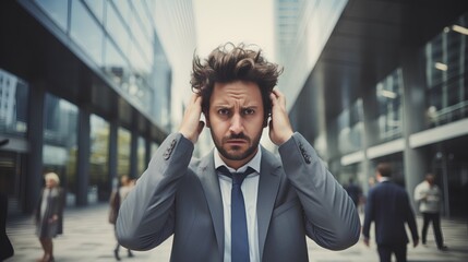 A stressed businessman in a suit is experiencing acute anxiety and frustration, with his hands on his head, looking overwhelmed by work pressure in a corporate office environment. - obrazy, fototapety, plakaty