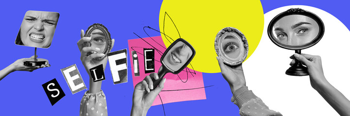 Female hands holding small vintage mirrors against multicolored background. Selfie and beauty....