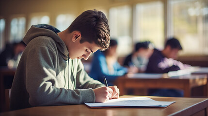Male student writing exam in classroom, group of people in school or college, young boy making notes during lesson, close up photo of hands with pen - obrazy, fototapety, plakaty