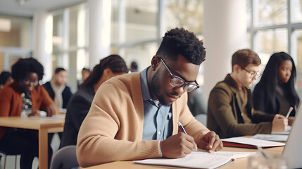 African American student in classroom, man in glasses writing down notes in notebook, group of international students studying in adult training center, people writing exam