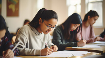 Young Indian woman on exam at school, Asian girl writing down notes in classroom, group of international student on the background, lesson in college or university - obrazy, fototapety, plakaty