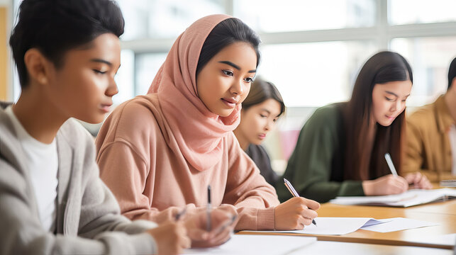 Young Muslim woman in hijab writing exam in classroom, girl student at school,  group of international students studying, writing down notes, adult training center, college and university lesson