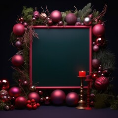 Merry Christmas sign banner frame with empty space and festive decoration background for new year