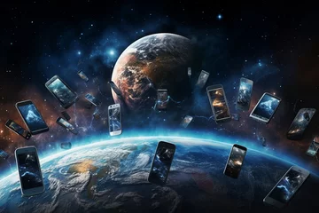 Fotobehang mobile phones fly around earth planet © dobok