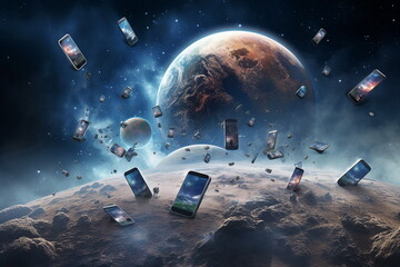 mobile phones fly around earth planet