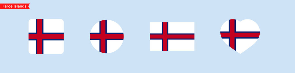 National flag of Faroe islands icons. Faroe islands flag in the shape of a square, circle, heart. Website language choice symbols. Vector UI flag design