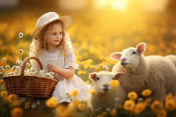 Beautiful little girl with a small lamb in the meadow. Easter, spring concept
