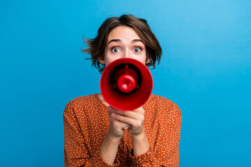 Photo portrait of lovely young lady hold megaphone announce sale wear trendy brown garment isolated on blue color background - obrazy, fototapety, plakaty