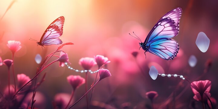 Enchanted Field  Vibrant Butterflies Amidst Sunlit Wildflowers, Generative AI