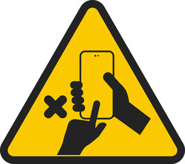 Isolated yellow triangle safety sign of do not use cellphone, cellular phone is prohibited, handphone not allowed