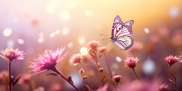 Enchanting Sunlit Meadow  Pink Blooms   Dancing Butterflies, Generative AI