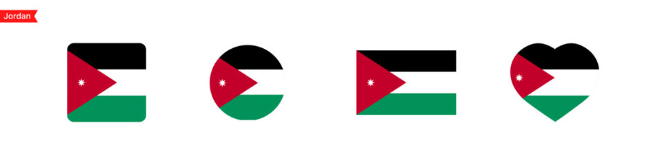 National flag of Jordan. Jordan flag icons for language selection. Jordan flag in the shape of a square, circle, heart. Vector icons
