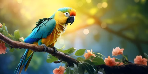 Foto auf Glas blue and yellow macaw,Parrot on the tree branch, 3d Bird Parrot Images,great green macaw on a branch in spring background,HD wallpaper,,AI Generative  © kin