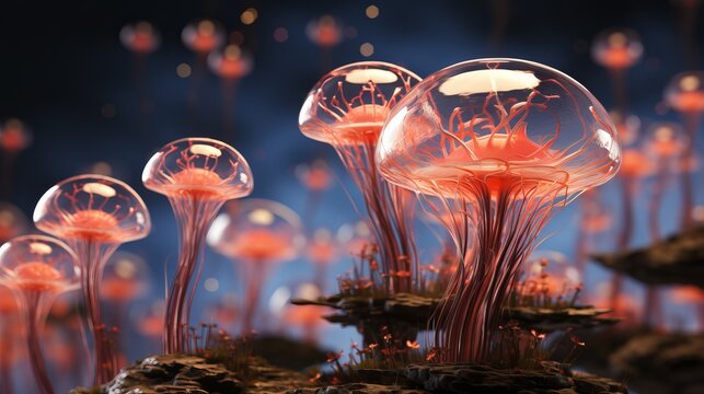 Illuminated jellyfish swimming in a dark aquatic environment. bioluminescence and marine life. Concept: mysteries of the underwater world, fantasy.