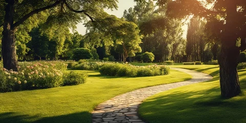 Fotobehang Sunlit Serenity  Enchanting Summer Path amidst Lush Garden, Generative AI © Oleksii