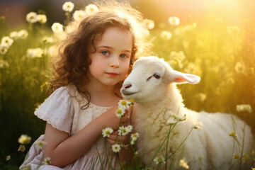 Beautiful little girl with a small lamb in the meadow. Easter, spring concept