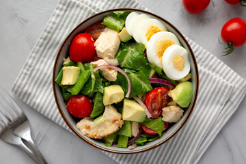 Homemade Honey Mustard Chicken Salad in a Bowl, top view. Flat lay, overhead, from above.