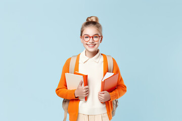 Young female student with glasses holding a book and studying in the studio on a blue background.
