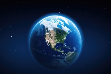 An illustration of the Earth, showing its continents, oceans and atmosphere in the vastness of space.
