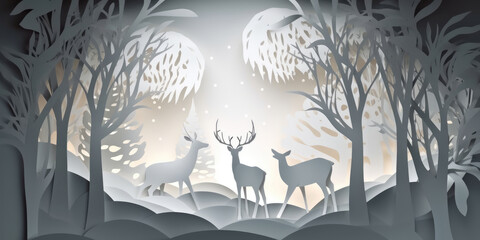 Paper art style, paper cut deer in winter forest