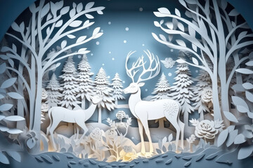 Paper art style, paper cut deer in winter forest