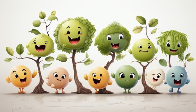 A row of cheerful, cartoonish fruits with faces and expressions from which multi-colored leaves and branches grow. forest characters illustration.