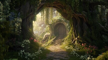 Amazing vine-covered archway in the center of a fantastical, springtime forest scene from a fairy tale. 3D digital illustration
