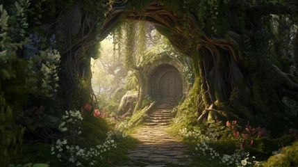 Deurstickers Amazing vine-covered archway in the center of a fantastical, springtime forest scene from a fairy tale. 3D digital illustration © juni studio