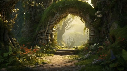 Amazing vine-covered archway in the center of a fantastical, springtime forest scene from a fairy...