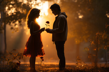 Silhouette of a man giving rose to a woman ai generated art.