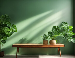 plant in the interior on a wooden table, green wall, copy space