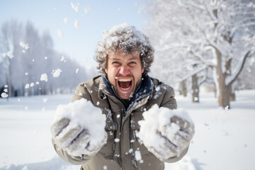 Fototapeta na wymiar Energetic individual engaged in lively snowball fight amidst snowy scenery 