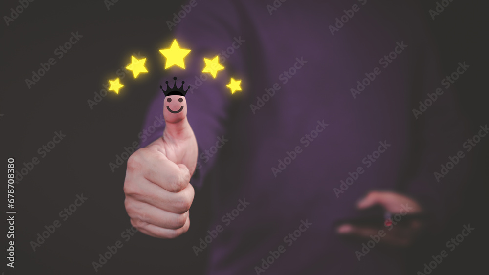 Poster hand with thumb up positive emotion smile face icon and five star with copy space. online review con
