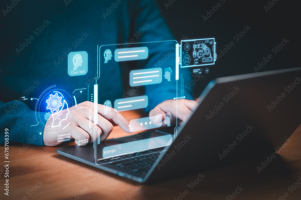 Poster Adult man use technology smart robot AI. Artificial intelligence by enter prompt for generating something, Futuristic technology transformation. Chatbot Chat with AI, Artificial Intelligence.