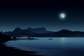 Night landscape with mountains, sea and the moon.
