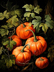 Obraz premium pumpking carving, pumpkin pie, perfect autumn, pumpkins, light red and dark amber, flat and graphic created with Generative Ai