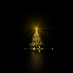 Elegant gold christmas tree lights on black background.
