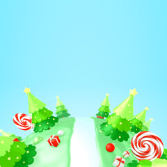 Christmas cartoon background decorated with trees, gift boxes and candy canes in christmas day, copy space 3d rendering.