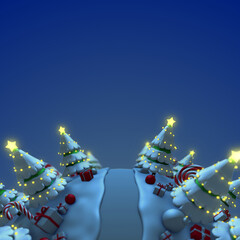 Christmas background with cartoon trees, gift boxes and candy cane in christmas night, 3d rendering.