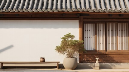 a traditional Korean house with benche, tree, pot, and sculpture. Generative AI